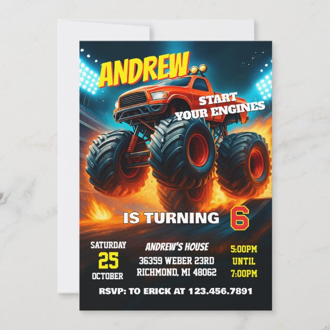 Invitation Custom Monster Truck Cars Birthday Party  (Devant)