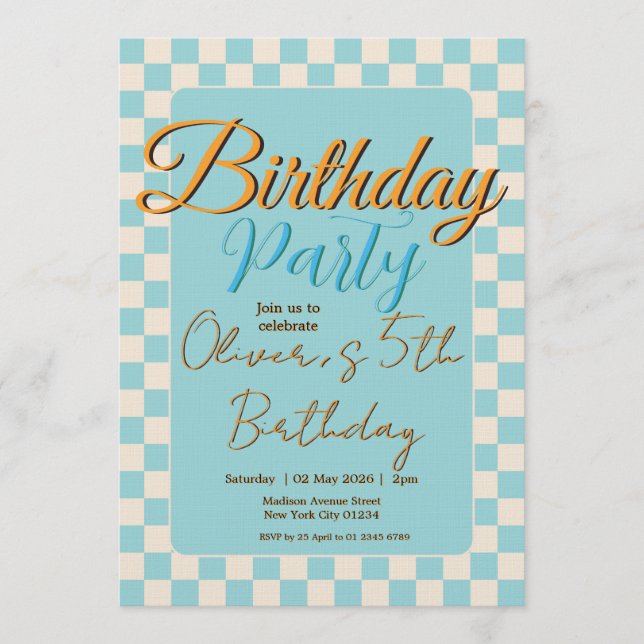 Invitation Custom Pastel Blue Checkered Birthday Party (Devant)