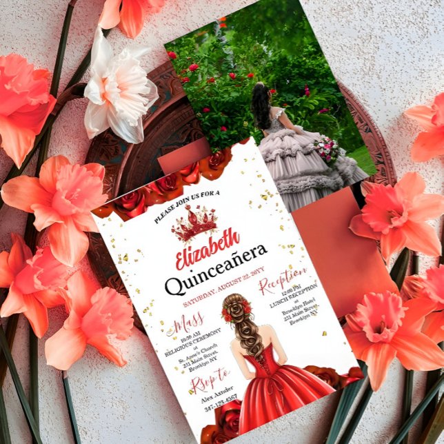 Invitation Custom Photo Royal Red Rose Quinceañera Invite (Créateur téléchargé)
