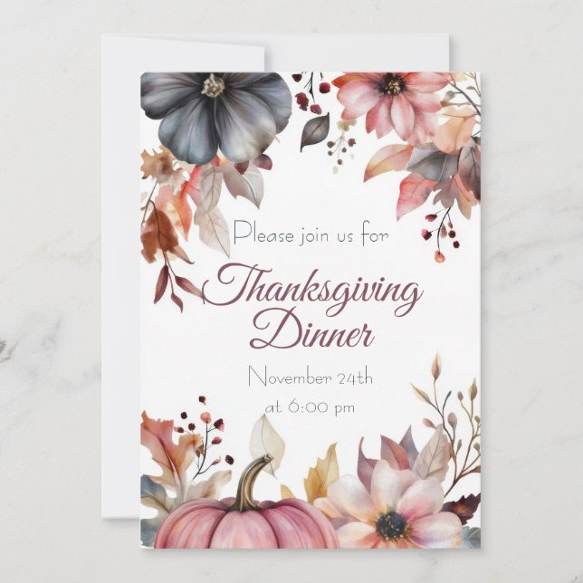 Invitation Custom Thanksgiving Dinner Pumpkin and Flowers (Devant)