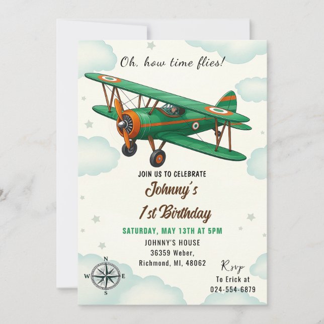 Invitation Custom Time Flies 1ère fête d'anniversaire pour ga (Devant)