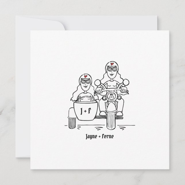 Invitation Custom Two Brides Motorbike et Sidecar Mariage (Devant)