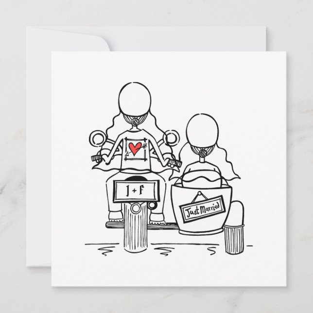Invitation Custom Two Brides Motorbike et Sidecar Mariage (Devant)