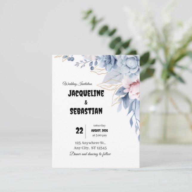 Invitation Customizable Blue Floral Wedding (Debout devant)