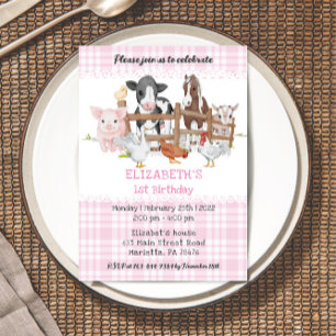 Invitation Cute 1er Anniversaire Animaux de ferme Barnyard Fu