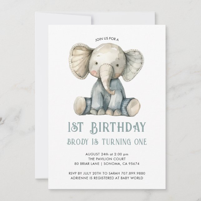 Invitation Cute 1er Anniversaire Jouet Eléphant Bleu Farci (Devant)