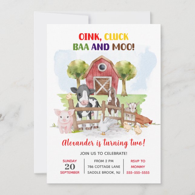 Invitation Cute 2e anniversaire Animaux de ferme Barnyard Enf (Devant)