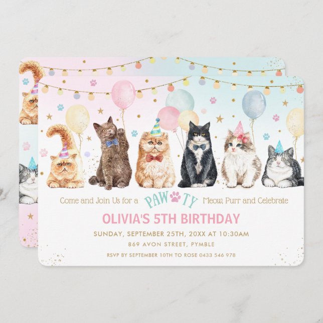 Invitation Cute adorable Chats Pawty Balloons Anniversaire I (Devant / Derrière)