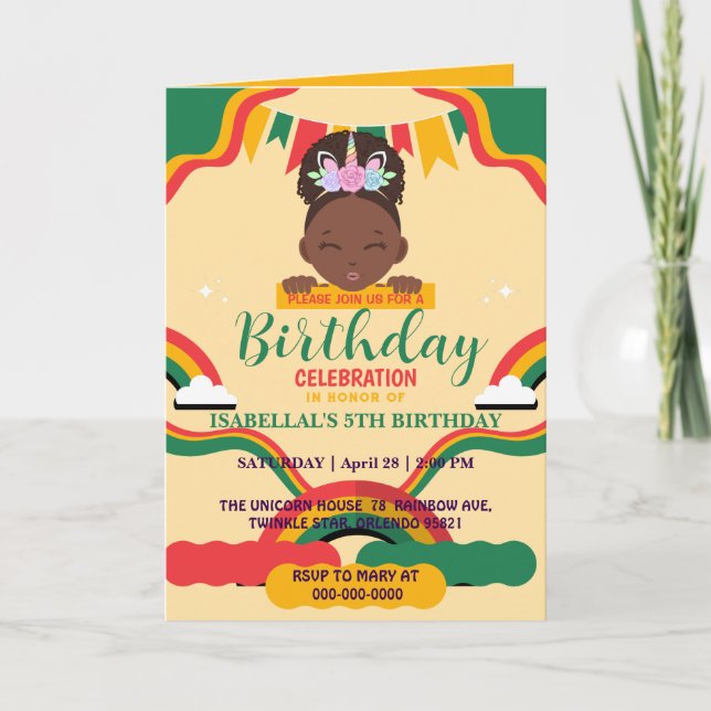 Invitation Cute afro licorne Africaine amérique filles Annive (Devant)