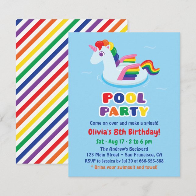 Invitation Cute ailé Unicorn Pool Float Anniversaire de enfan (Devant / Derrière)