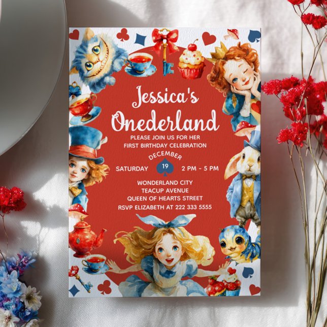 Invitation  Cute Alice in ONEDERLAND 1st Birthday Tea Party (Créateur téléchargé)