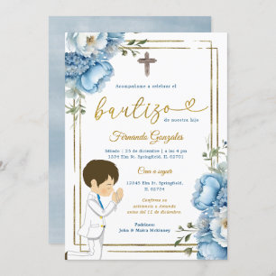 Invitation Cute Angel Boy espagnol Bautizo Dusty Blue Gold