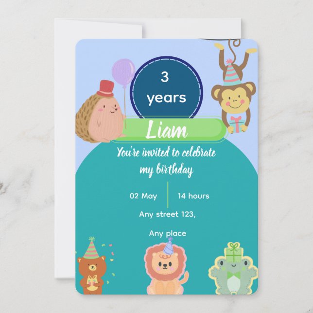 Invitation Cute Animal 3rd Birthday for Boys Editable (Devant)