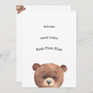 Invitation Cute Animal Brown Bear Sweet Baby Announcement