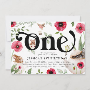 Invitation Cute Animal & Floral 'ONE' Tea Party 1er anniversa
