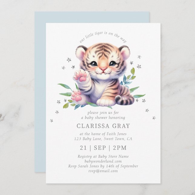 Invitation Cute animal Tiger étoiles Baby shower bleu (Devant / Derrière)