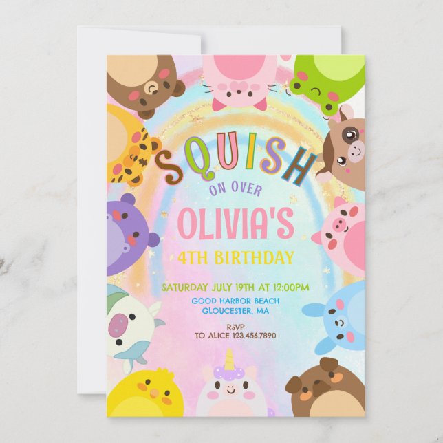 Invitation Cute Animals Squish On Over rainbow  Birthday  (Devant)