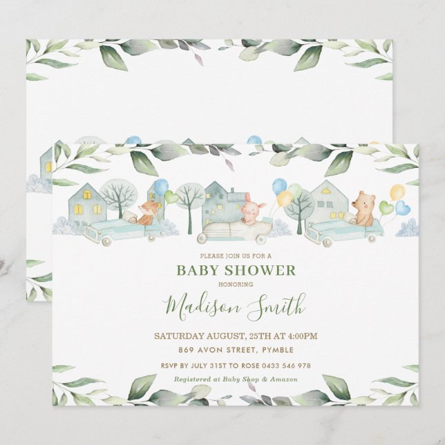 Invitation Cute Animals Voitures Baby shower vert Garçon (Devant / Derrière)