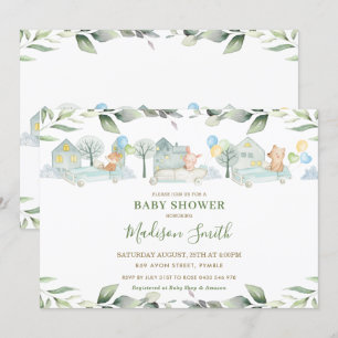 Invitation Cute Animals Voitures Baby shower vert Garçon