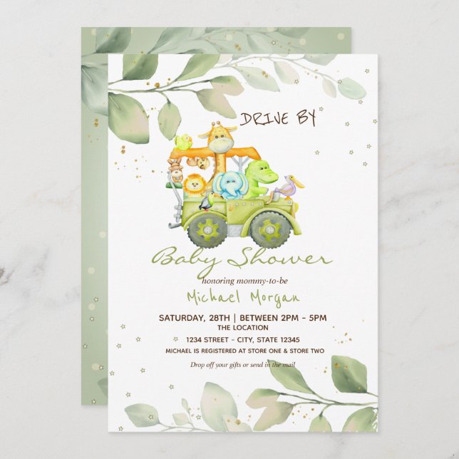 Invitation Cute Animaux Camion Drive Par Baby shower (Devant / Derrière)