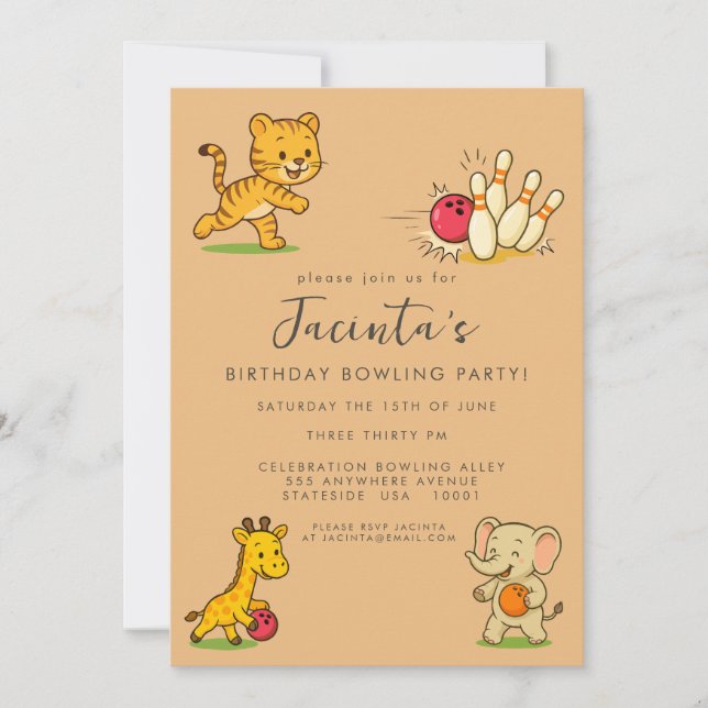 Invitation Cute Animaux Dix Épingles Bowling Anniversaire Fêt (Devant)