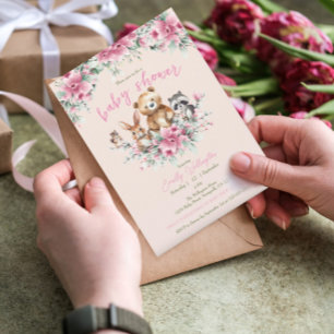 Invitation Cute Animaux Floral Pêche rose Baby shower fille