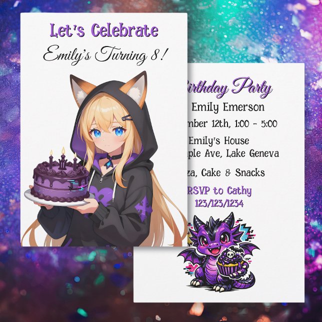 Invitation Cute Anime Girl and Dragon Girl's Birthday Party (Créateur téléchargé)