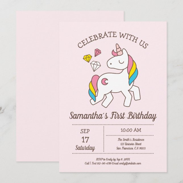 Invitation Cute Anniversaire Rainbow Unicorn (Devant / Derrière)