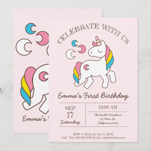 Invitation Cute Anniversaire Rainbow Unicorn (Devant / Derrière)