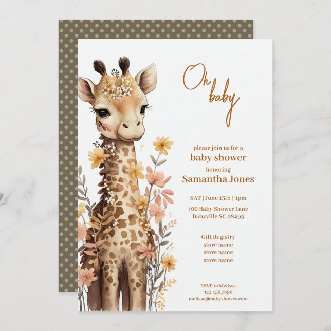 Invitation Cute Aquarelle Baby Giraffe Baby shower (Devant / Derrière)