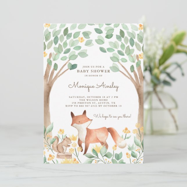 Invitation Cute aquarelle Baby shower de renard bois (Debout devant)