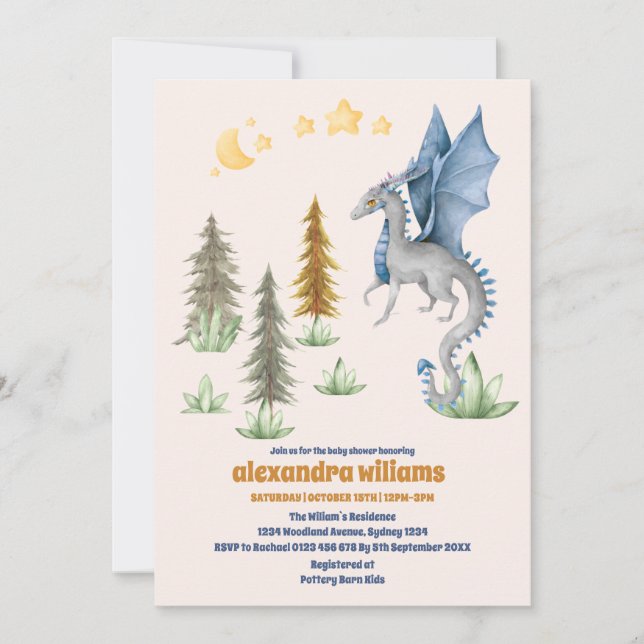 Invitation Cute Aquarelle Baby shower Dragon Bleu (Devant)