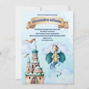 Invitation Cute Aquarelle Baby shower Dragon Bleu