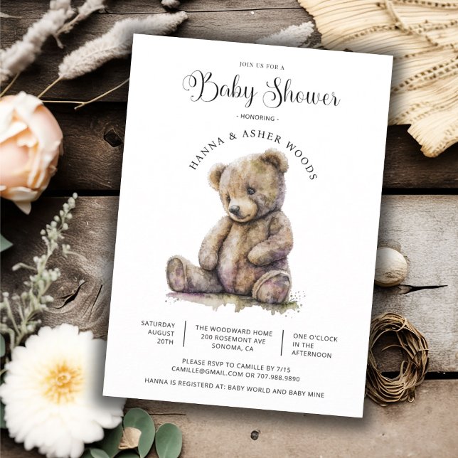 Invitation Cute Aquarelle Baby shower Ours Teddy (Créateur téléchargé)