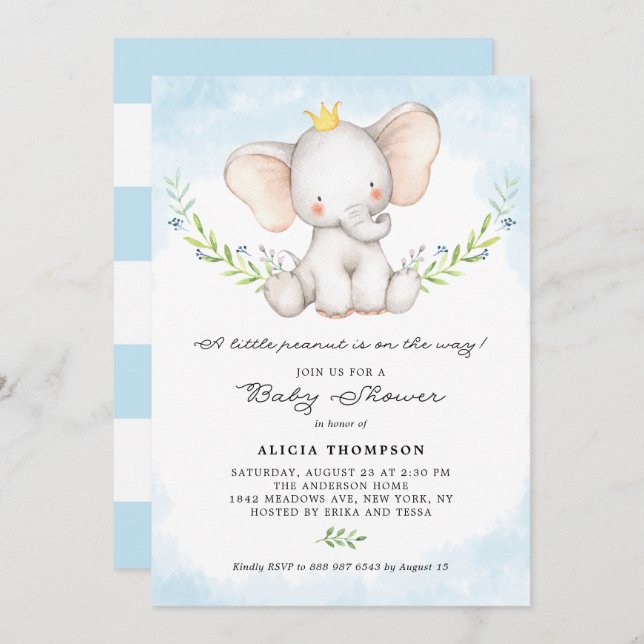 Invitation Cute Aquarelle Bébé Eléphant Baby shower garçon (Devant / Derrière)
