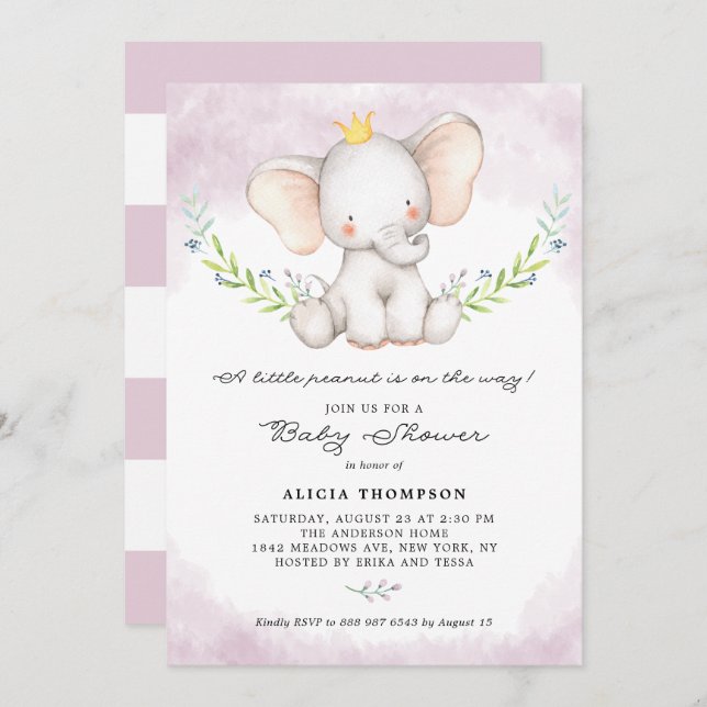 Invitation Cute Aquarelle Bébé Eléphant Fille Baby shower (Devant / Derrière)