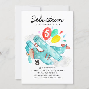 Invitation Cute Aquarelle Bleu Plane Ballons Anniversaire de 