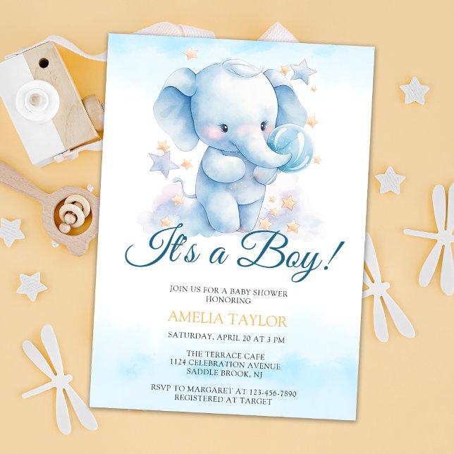 Invitation Cute Aquarelle Blue Elephant Baby shower garçon (Créateur téléchargé)