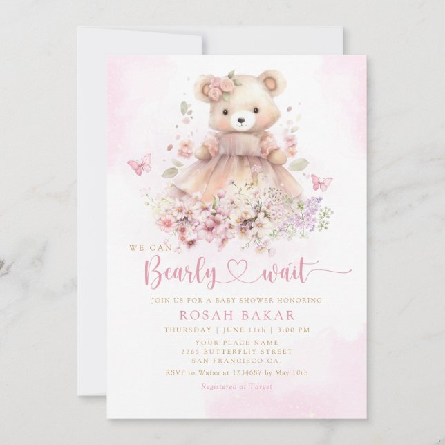 Invitation Cute Aquarelle Boho Teddy Bear Girl Baby shower (Devant)