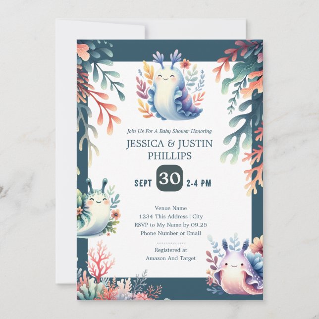 Invitation Cute aquarelle Boues de mer Baby shower océanique (Devant)