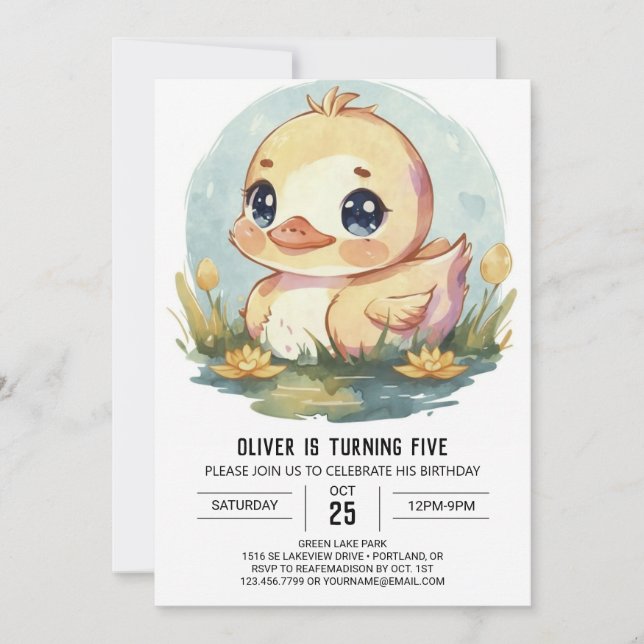 Invitation Cute Aquarelle Canard Anniversaire (Devant)