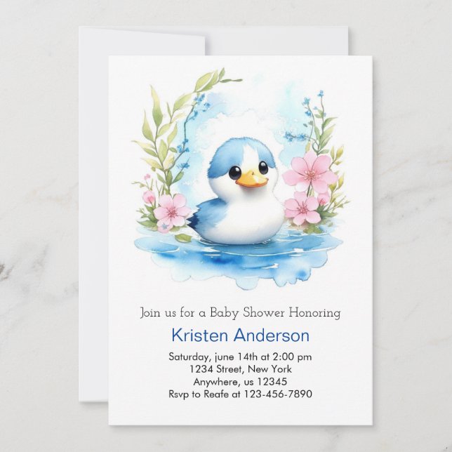 Invitation Cute Aquarelle Canard Fleurs sauvages Baby shower  (Devant)