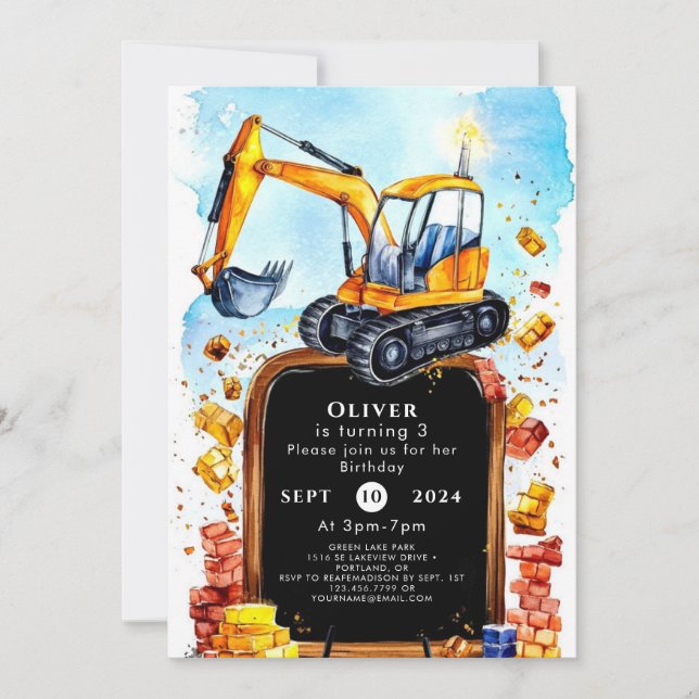 Invitation Cute Aquarelle Construction Anniversaire (Devant)