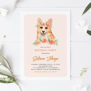 Invitation Cute Aquarelle Corgi Peach Floral Anniversaire de