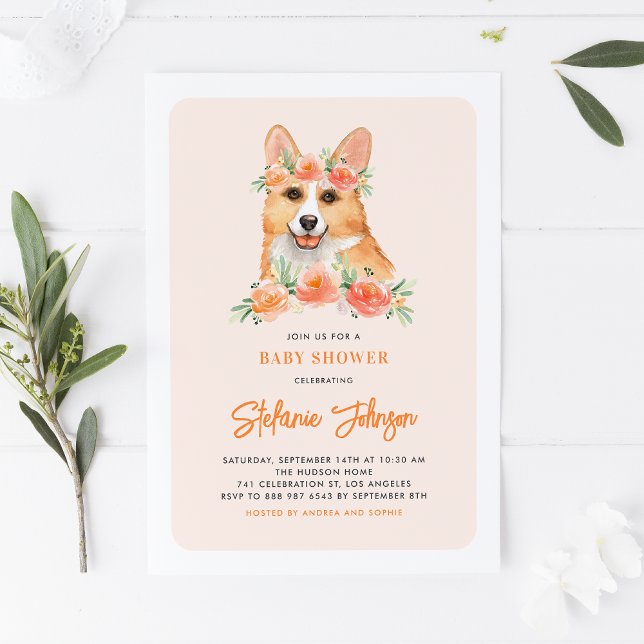 Invitation Cute Aquarelle Corgi Pêche Baby shower Floral (Créateur téléchargé)