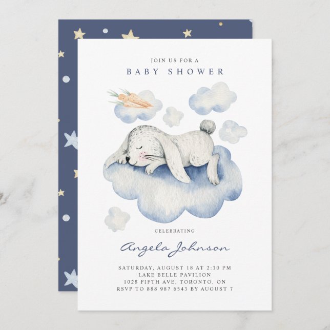 Invitation Cute Aquarelle couchage bébé Baby shower lapin (Devant / Derrière)