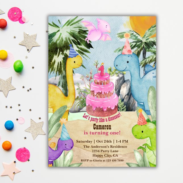Invitation Cute Aquarelle Dinosaur 1er anniversaire fête (Créateur téléchargé)