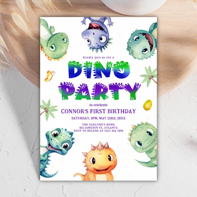 Invitation Cute Aquarelle Dinosaur Premier Anniversaire (Cute Watercolor Dinosaur First Birthday Party Invitation)