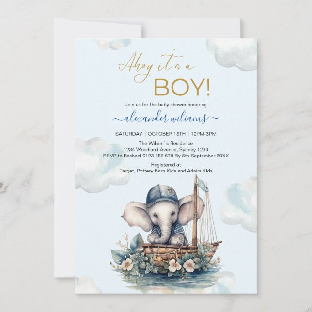 Invitation Cute Aquarelle Elephant thème nautique bébé showe (Devant)