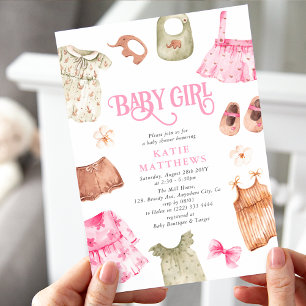 Invitation Cute Aquarelle Fille Vêtements Baby shower FILLE